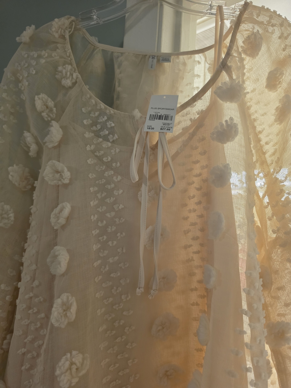 NWT Women's Plus Size Cream Pom-Pom Mesh Tie-Neck Blouse